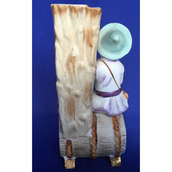 Porcelain Bud Vase Boy Figural Figurine Sitting on Water Barrel Bisque Vintage - Picture 5 of 11